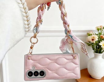 Funda de cuero con diseño ondulado para Samsung Galaxy Z Fold 7 6 5 / Funda con cadena de pañuelo de seda