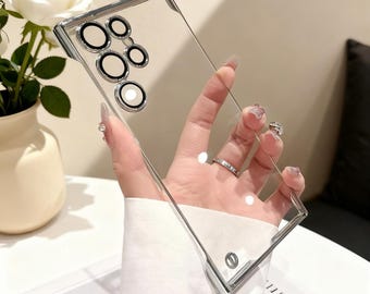 Funda ultratransparente para Samsung Galaxy S23-S26, resistente a golpes y sin marco con detalles dorados.