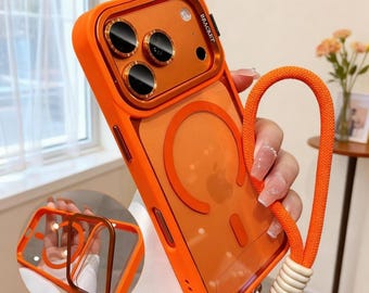 Funda transparente MagSafe para iPhone 17, 16, 15, 14, 13, 12, 11 Pro Max / Funda con correa de muñeca y protector de lente.