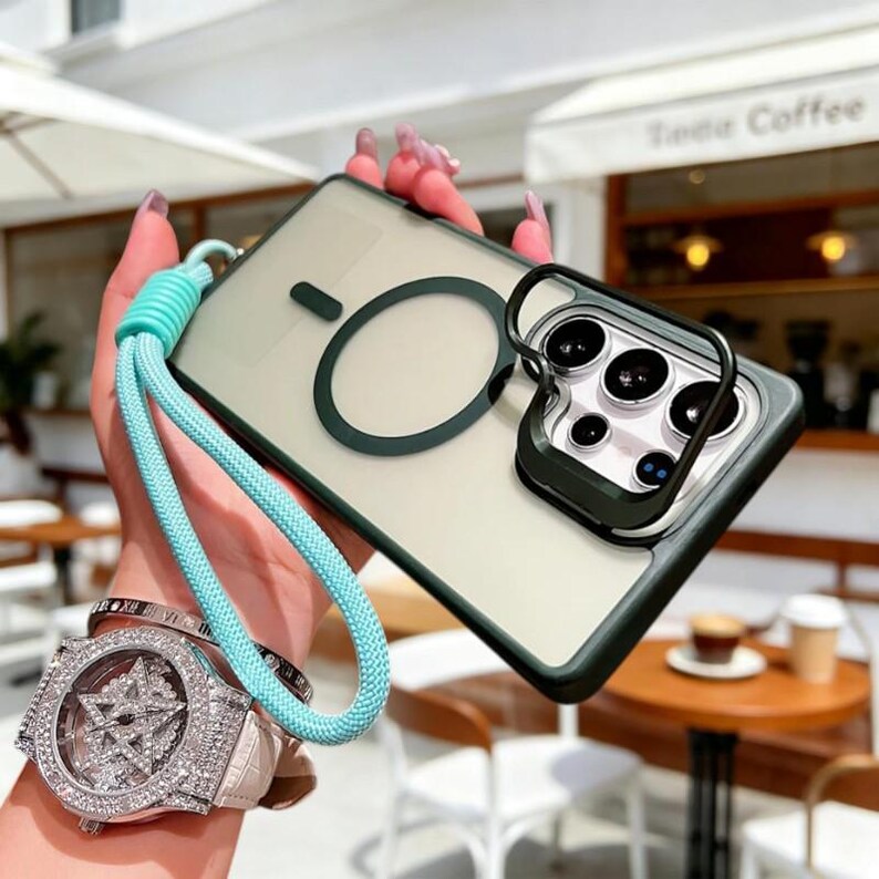 Matte Magnetic Stand Phone Case for Samsung S26 S25 S24 S23 Ultra A 56 36 16 | Lens Bracket Lanyard Wireless Charging Cover Dark Green