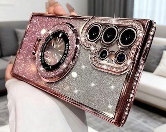 Funda para teléfono con purpurina de diamante / Funda con soporte magnético para Samsung Galaxy S23-S26 Ultra