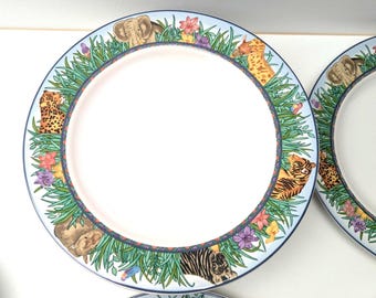 Set Safari Gabbay (8 pezzi), diametro 26,7 cm, piatti piani, piatti grandi, giungla, tigre, zebra, leopardo, elefante, vintage, retrò