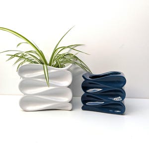 Waves, folded design - two plant pots in blue and white - vintage plant pot, space age decor, organic modern fish, postmodern