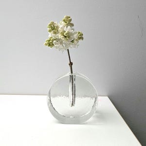 May include: A clear, circular glass vase holding a single stem of white and green flowers. The vase has a flat base and a circular body, with a narrow opening for the flower stem. The background is a plain white and grey.