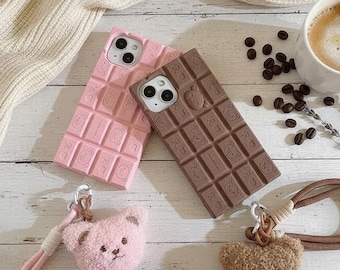 Cute Chocolate Bear iPhone Case with Wrist Strap 17 16 15 14 13 12 11 Pro Max Plus | 3D Soft Silicone Cartoon Cover