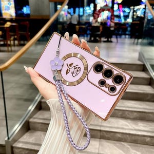 Rose Gold TPU Samsung Galaxy Case with Lanyard Strap for S26 S25 S24 S23 S22 S21 Ultra Plus | Magnetic Charging Compatible Soft Cover