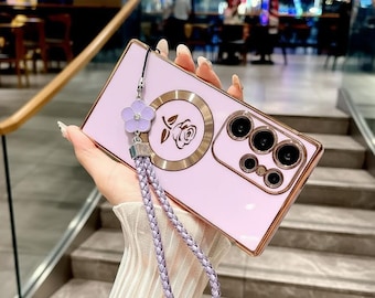 Rose Gold TPU Samsung Galaxy Case with Lanyard Strap for S26 S25 S24 S23 S22 S21 Ultra Plus | Magnetic Charging Compatible Soft Cover