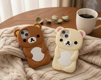 3D Bear Couple iPhone Case 17 16 15 14 13 12 11 Pro Max X XS SE SR | Soft Silicone Cartoon Protective Cover