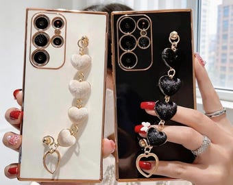 Coque de portable Love Heart Bracelet pour Samsung Galaxy S25 S24 S23 S22 S21 FE Plus Ultra | Couvre-sangle en chaîne
