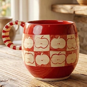 Può includere: Una tazza in ceramica rossa con un motivo a mele color crema. Il manico è a righe rosse e crema. La tazza è su una superficie di legno.