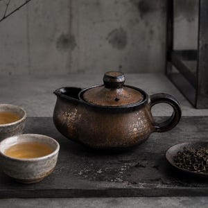 May include: A dark brown, textured ceramic teapot with a matching lid, accompanied by two small, light-coloured ceramic tea cups filled with golden tea and a small round dish containing loose dried tea leaves on a dark, flat stone surface.