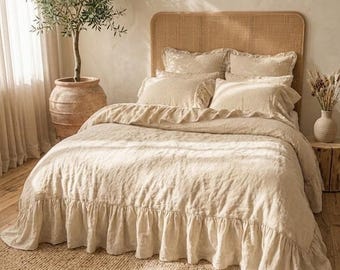 Cream Color Linen Ruffle Duvet Cover, Stonewashed French Bedding Set