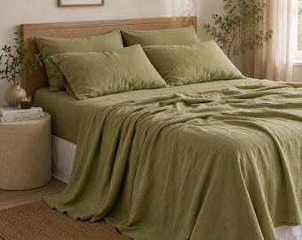 Ensemble de draps en lin lavé vert Sedum avec drap-housse à poches profondes, décoration minimaliste de chambre de style ferme par Dilrajhandicraft 4 pièces