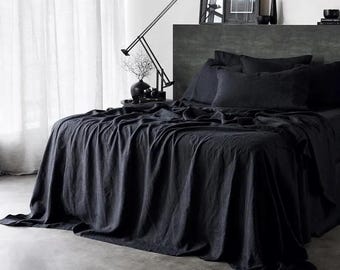Black Linen Sheet Set, Pure Linen Sheets King Queen Twin Size, Soft Stonewashed Linen Bedding Set, Flat Sheet Fitted Sheet Pillowcases