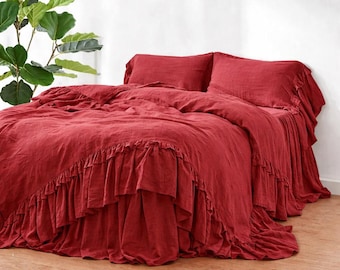 Dekbedovertrek Frans vlaslinnen, gegolfd bessenrood beddengoed, aangepaste maten