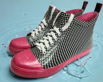 LA Gear High Top Rain Boots Womens 8 Polka Dot Black Pink Rubber Vintage 90s