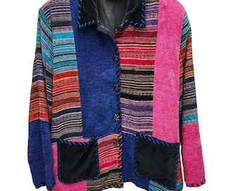 Julia Kim Patchwork Jacket Womens 1X Button Up Lined Wearable Art Boho-Chic VTG