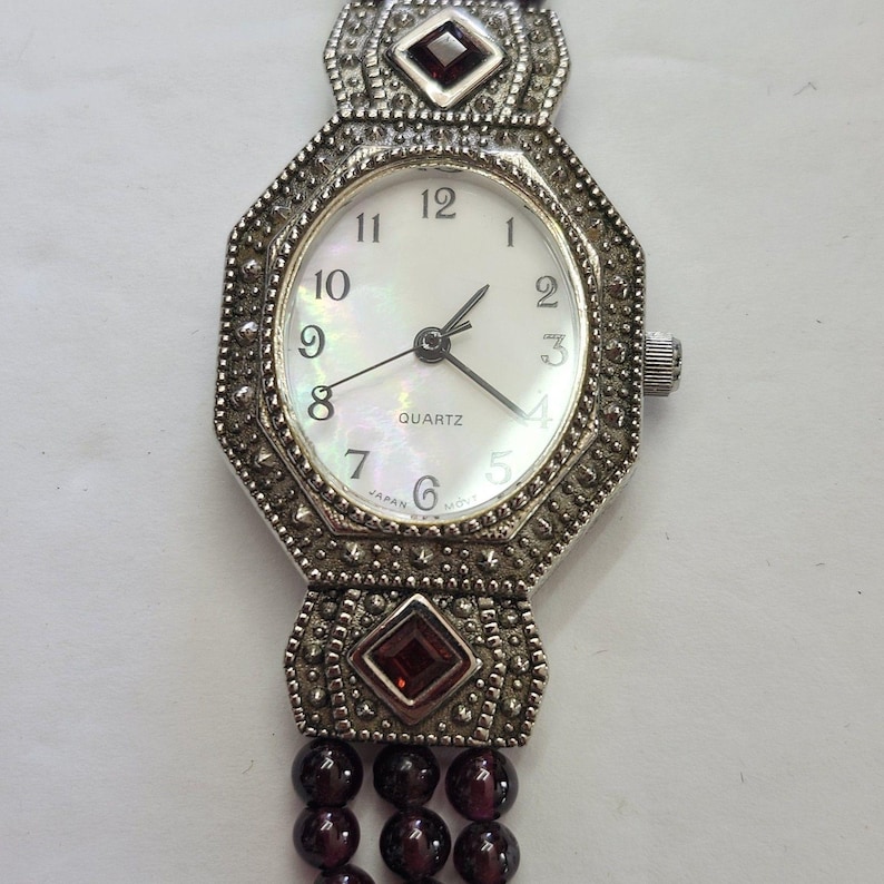 VTG 90s Avon Watch Stainless Steel and Garnet Mother Of Pearl Face New Battery image 3