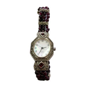 VTG 90s Avon Watch Stainless Steel and Garnet Mother Of Pearl Face New Battery image 2