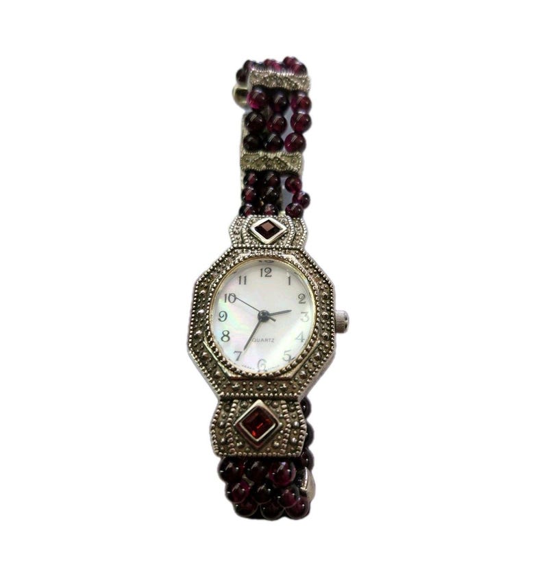 VTG 90s Avon Watch Stainless Steel and Garnet Mother Of Pearl Face New Battery image 2