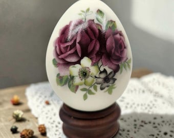 Vintage Porcelain Egg Purple Roses Floral Wood Stand Easter Home Decor 90s 3.5"