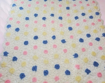 Afghan Handmade Crocheted Throw Blanket White Pastels 46" x 33" Cottagecore