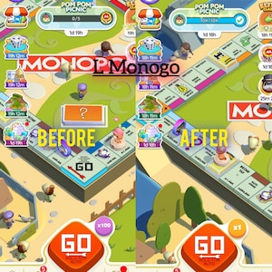 May include: A split-screen mobile game interface showing a Monopoly board with a Pom Pom Picnic event. The left side displays the Before state with a Go button and x100 multiplier, while the right side shows the After state with a x1 multiplier.
