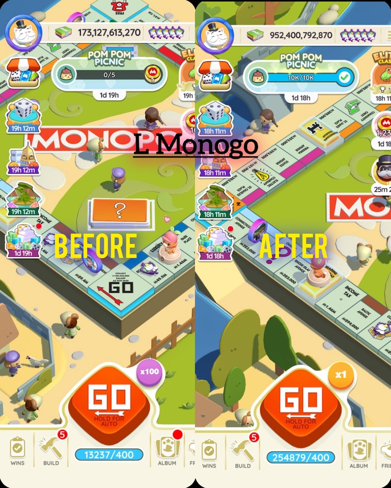 May include: A split-screen mobile game interface showing a Monopoly board with a Pom Pom Picnic event. The left side displays the Before state with a Go button and x100 multiplier, while the right side shows the After state with a x1 multiplier.
