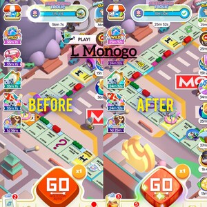 May include: A split-screen mobile game interface showing a Monopoly board with the text L Monogo, BEFORE, and AFTER. The game features colorful property tiles, a GO button, and various icons including dice, gift boxes, and character avatars.