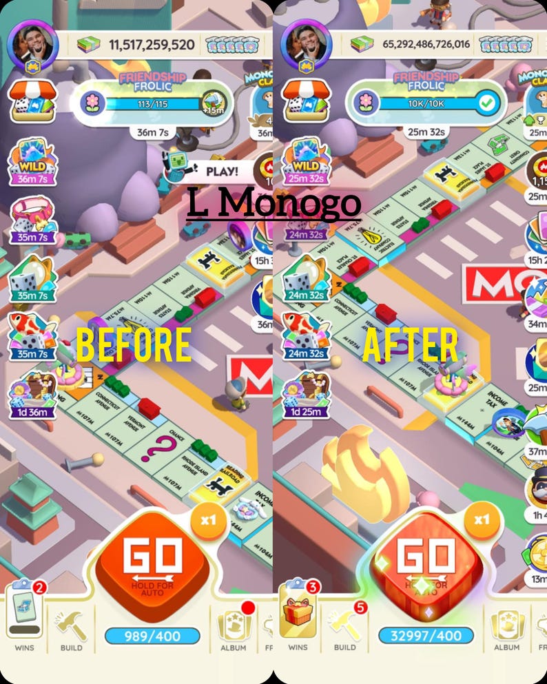 May include: A split-screen mobile game interface showing a Monopoly board with the text L Monogo, BEFORE, and AFTER. The game features colorful property tiles, a GO button, and various icons including dice, gift boxes, and character avatars.