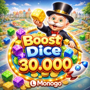Op de afbeelding: Kleurrijke illustratie voor een bordspel, met een stripfiguur in pak en hoge hoed die een gele dobbelsteen vasthoudt. De titel van het spel, "Boost Dice 30.000", staat prominent in beeld, samen met dobbelstenen in diverse kleuren en een raket.