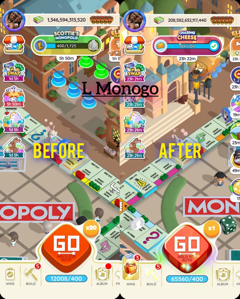 May include: A split-screen mobile game interface showing a Monopoly board game. The left side is labeled BEFORE and the right side is labeled AFTER. The game features a GO button, various property tiles, and a central building area with game stats.