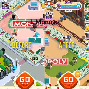 May include: A split-screen mobile game interface showing a Monopoly board game. The left side is labeled BEFORE and the right side is labeled AFTER. The game features colorful board spaces, cartoon character tokens, and a large orange GO button at the bottom.