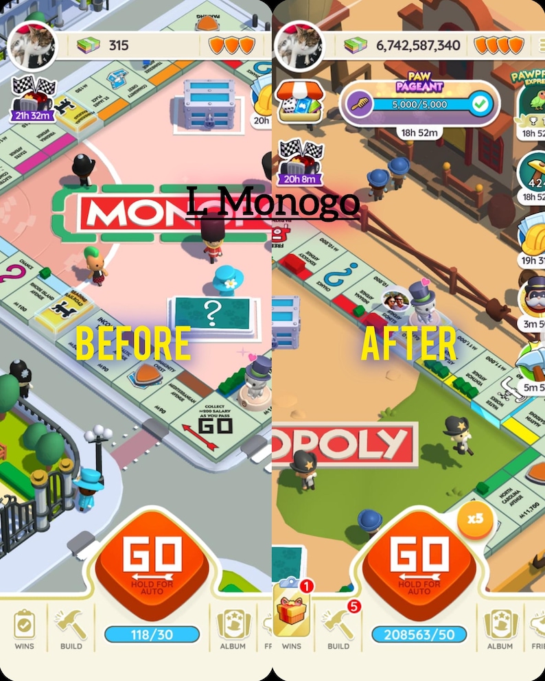 May include: A split-screen mobile game interface showing a Monopoly board game. The left side is labeled BEFORE and the right side is labeled AFTER. The game features colorful board spaces, cartoon character tokens, and a large orange GO button at the bottom.