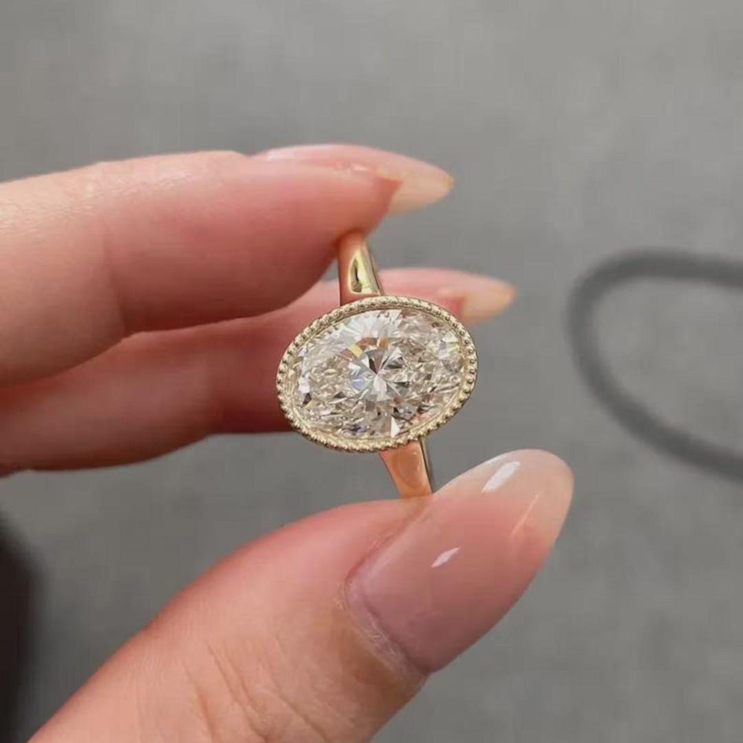5 Ct Oval Bezel Set Moissanite Engagement Ring Gold | Milgrain Vintage ...
