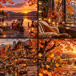May include: A four-panel collage depicting autumn landscapes with vibrant orange and red maple leaves, a lakeside fire pit, a cosy indoor desk view, a stone cabin by a waterfall, and a sunset over a rural path with the text Purpose Over Pain.
