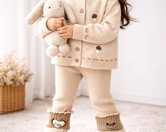 Adorable Mushroom Baby Set, Cozy Knit Cardigan Pants, Soft Neutral Toddler Outfit