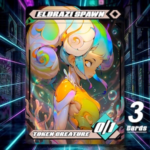 Może przedstawiać: Karta fantasy z humanoidalną postacią o kolorowym, wirującym wzorze. Karta zawiera napisy "ELDRAZI SPAWN" i "TOKEN CREATURE". Wyświetla również "0/1" i "3 Cards". Tło sugeruje miejskie otoczenie.