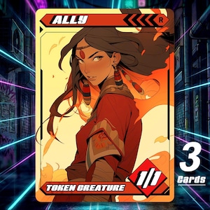 Puede incluir: Carta coleccionable con una ilustración estilizada de una mujer con cabello largo y oscuro, vestida con un atuendo rojo y aretes. La carta tiene la palabra "ALLY" en la parte superior y "TOKEN CREATURE" en la inferior. También muestra el número "3" y la palabra "Cards".