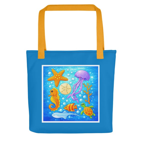 Ocean Life Tote Bag, Sea Creatures Beach, Coastal Summer Vacation