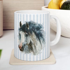 Elegant Horse Coffee Mug, Watercolor Ceramic Tea Cup, Gift for Horse Lovers, Farmhouse Kitchen Decor, Equestrian Mug, Blue Stripes