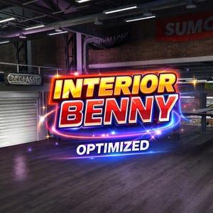 Op de afbeelding: Een interieur garagescène met de tekst "INTERIOR BENNY OPTIMIZED" in een levendig, gloeiend lettertype. De achtergrond bevat bakstenen muren, metalen structuren en een "SUMO" banner.