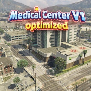 Op de afbeelding: Een luchtfoto van een modern medisch centrum met de tekst "Medical Center V1 optimized" in een gestileerd lettertype. Het gebouw heeft meerdere verdiepingen, een helikopterplatform en is omgeven door straten en andere gebouwen. Bergen zijn zichtbaar op de achtergrond.