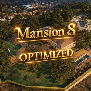 Op de afbeelding: Luchtfoto van een groot landhuis met zwembad, omringd door bomen en groen. De tekst "Mansion 8 OPTIMIZED" wordt in goud weergegeven, met een gloei-effect, over de afbeelding.