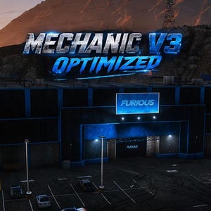 Op de afbeelding: Een exterieurfoto van een gebouw met de tekst "MECHANIC V3 OPTIMIZED" erboven. Het gebouw heeft een bord met "FURIOUS". De parkeerplaats heeft verschillende auto's. De achtergrond toont een bergketen en een zonsondergang.
