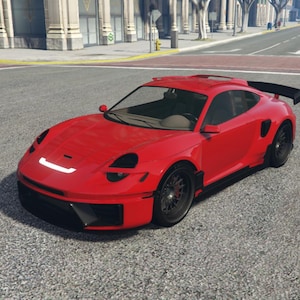 Peut inclure: Une voiture de sport rouge vif avec des roues noires et un aileron arrière est garée dans une rue de la ville. La voiture a un design élégant avec un profil bas et des caractéristiques aérodynamiques. Les phares de la voiture sont allumés.