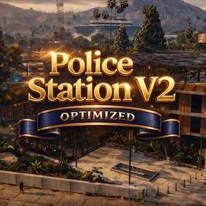 Peut inclure: Vue extérieure d'un poste de police moderne avec le texte "Police Station V2 OPTIMIZED" en lettres dorées. Le bâtiment a un toit plat et des accents en bois. Un drapeau américain flotte devant le bâtiment.