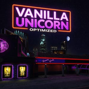 May include: Nighttime scene featuring a neon sign that reads "VANILLA UNICORN OPTIMIZED" in purple and orange. Below, a building with a unicorn logo and movie posters. The sky is dark with a moon and city lights.