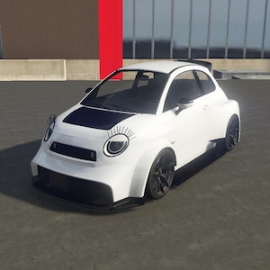 Peut inclure: Une voiture blanche personnalisée avec des roues noires et un capot noir. La voiture a de longs cils et des phares de dessin animé, lui donnant un aspect ludique. Le véhicule est garé sur une surface grise.