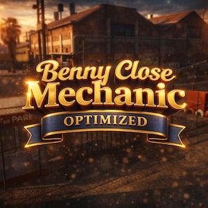 Op de afbeelding: Een digitale afbeelding met de tekst "Benny Close Mechanic" in goud, met een blauwe banner met de tekst "Optimized". De achtergrond toont een stadsgezicht met gebouwen en een zonsondergang.